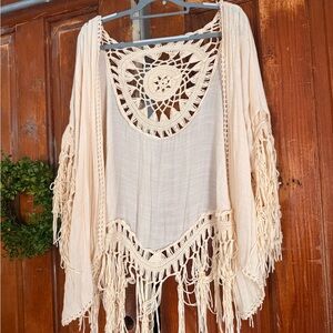 Boho Crochet Fringe Kimono - Cream